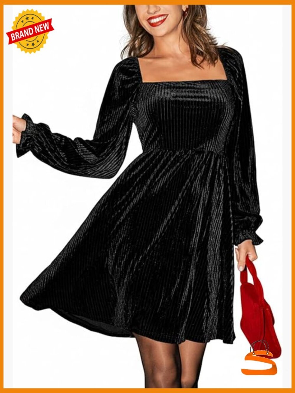 Women's Long Sleeve Velvet Mini Dress Square Neck Cocktail Party